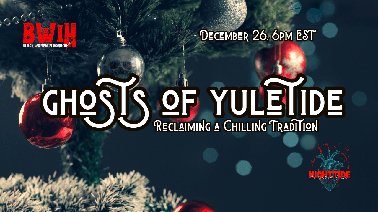 Background image of a christmas tree with silver and red baubles with 'ghosts of yuletide' text overlaid